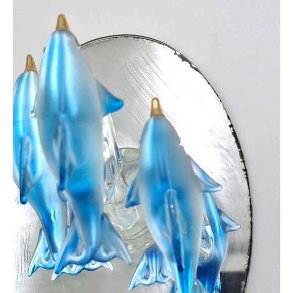 Vtg Blue Dolphins Glass Figurine Dolphin Trio on Mirror Base 3 1/4in tall" - Picture 6 of 13